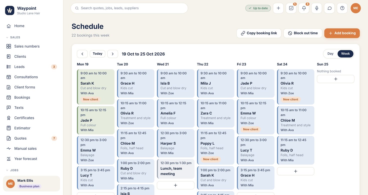 Waypoint bookings schedule with the online booking page