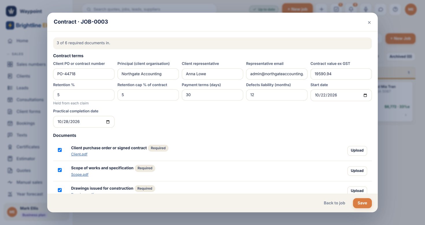 Waypoint contract with terms, retention and the document checklist