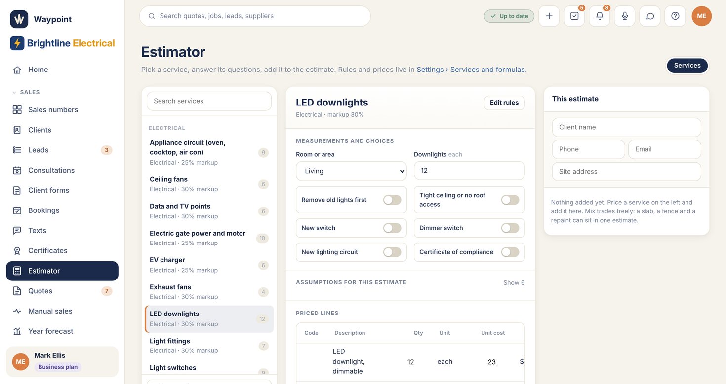 Waypoint estimator pricing a job line by line with cost, sell price and margin