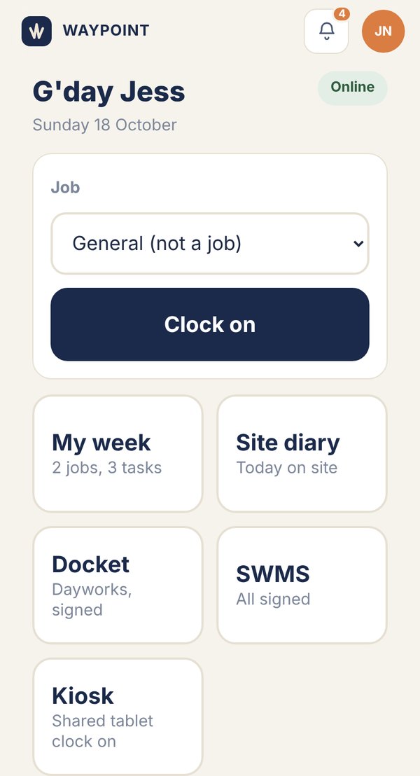 Waypoint site app on a phone showing today's job, clock on and SWMS sign off