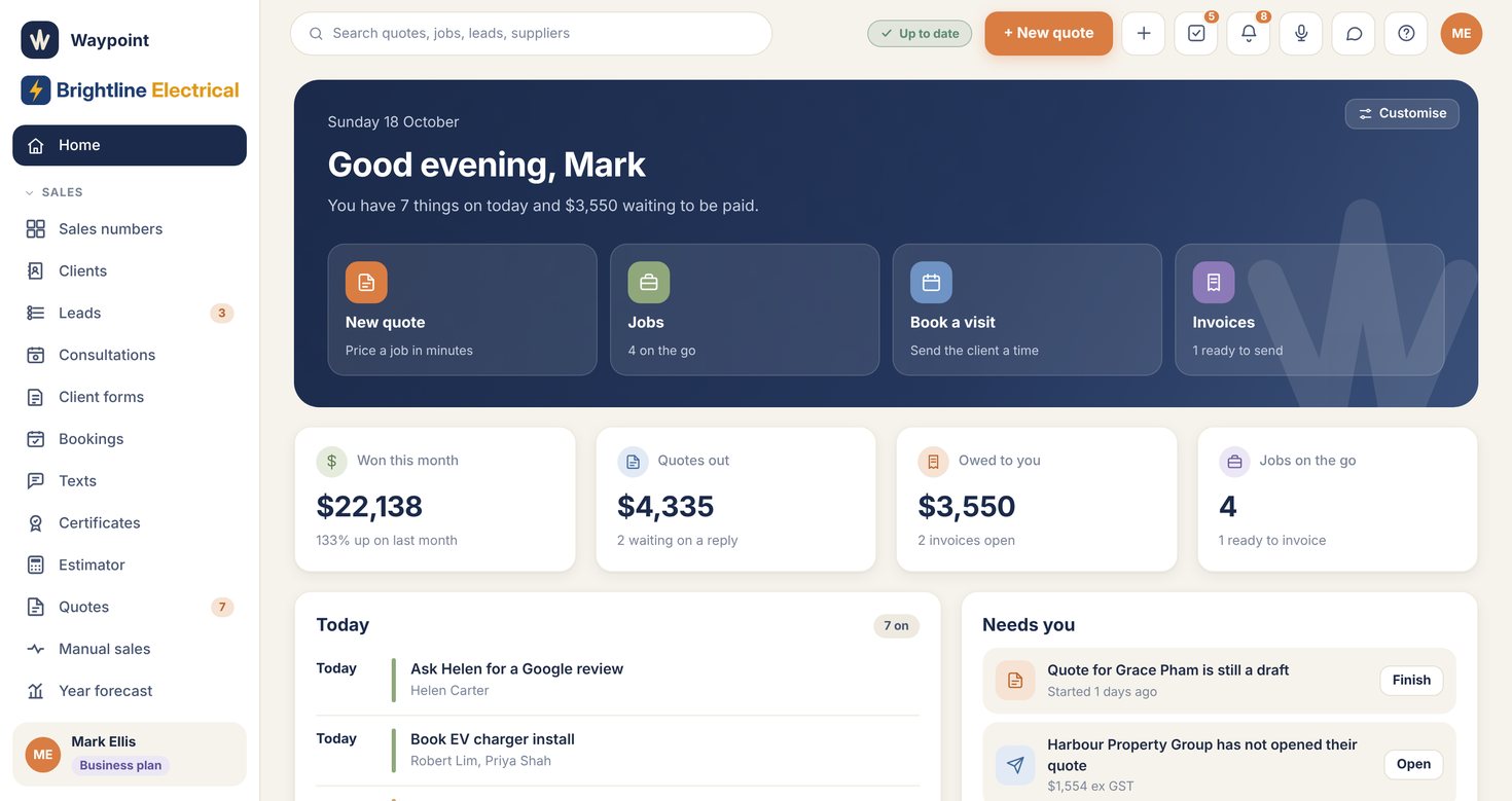 Waypoint home screen showing today's jobs, quotes waiting and money owed