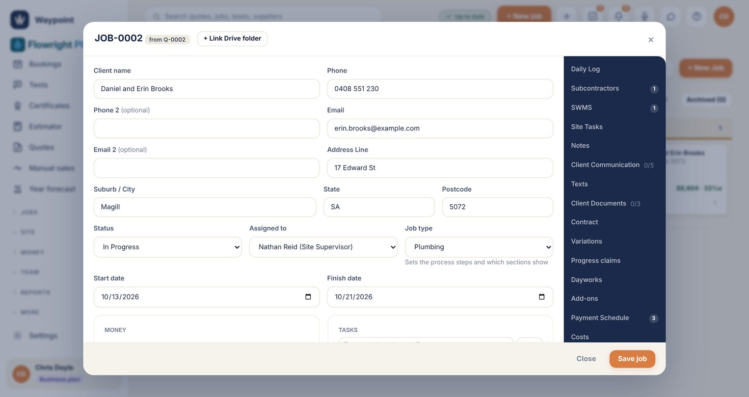 Waypoint job screen with scope, budget, documents and status