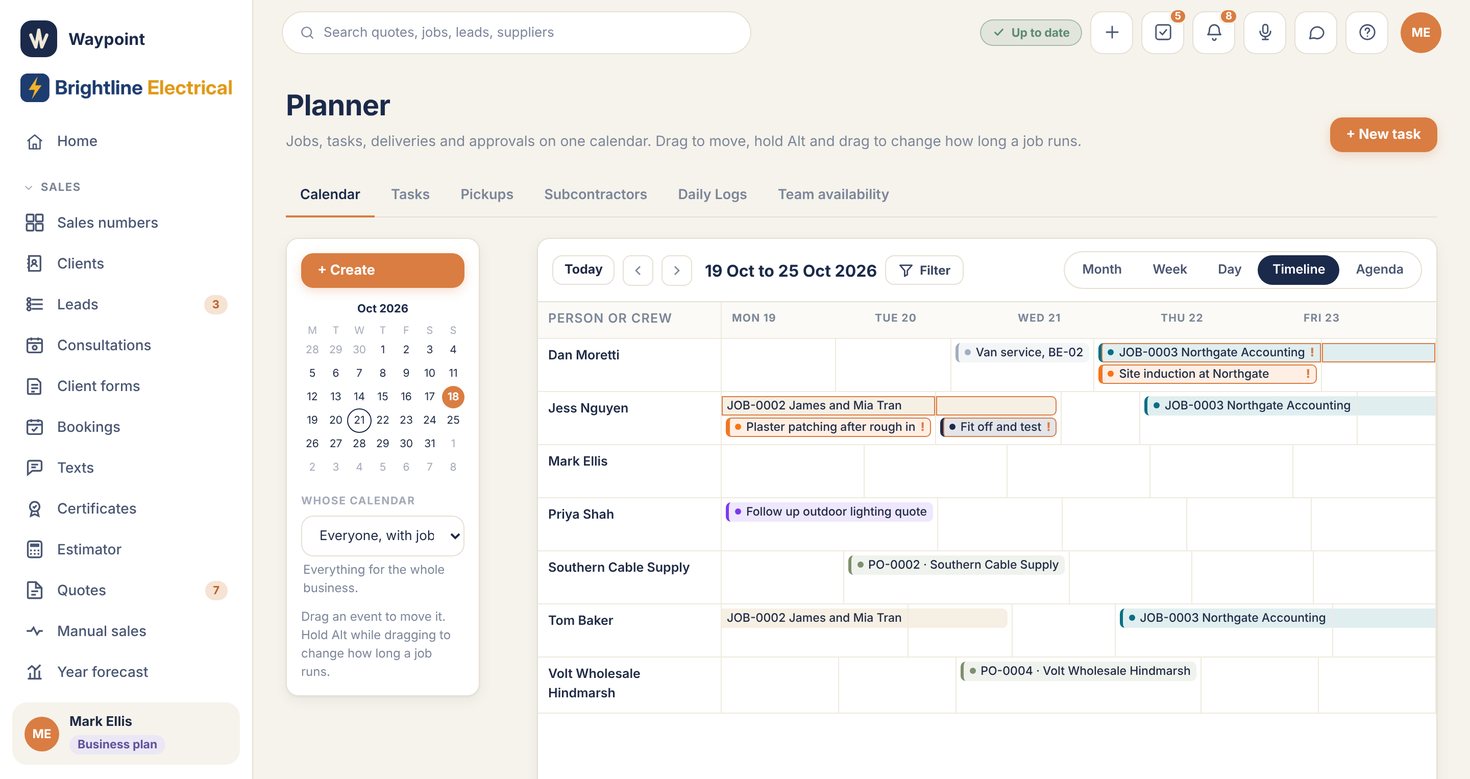 Waypoint planner showing crews and jobs across the week