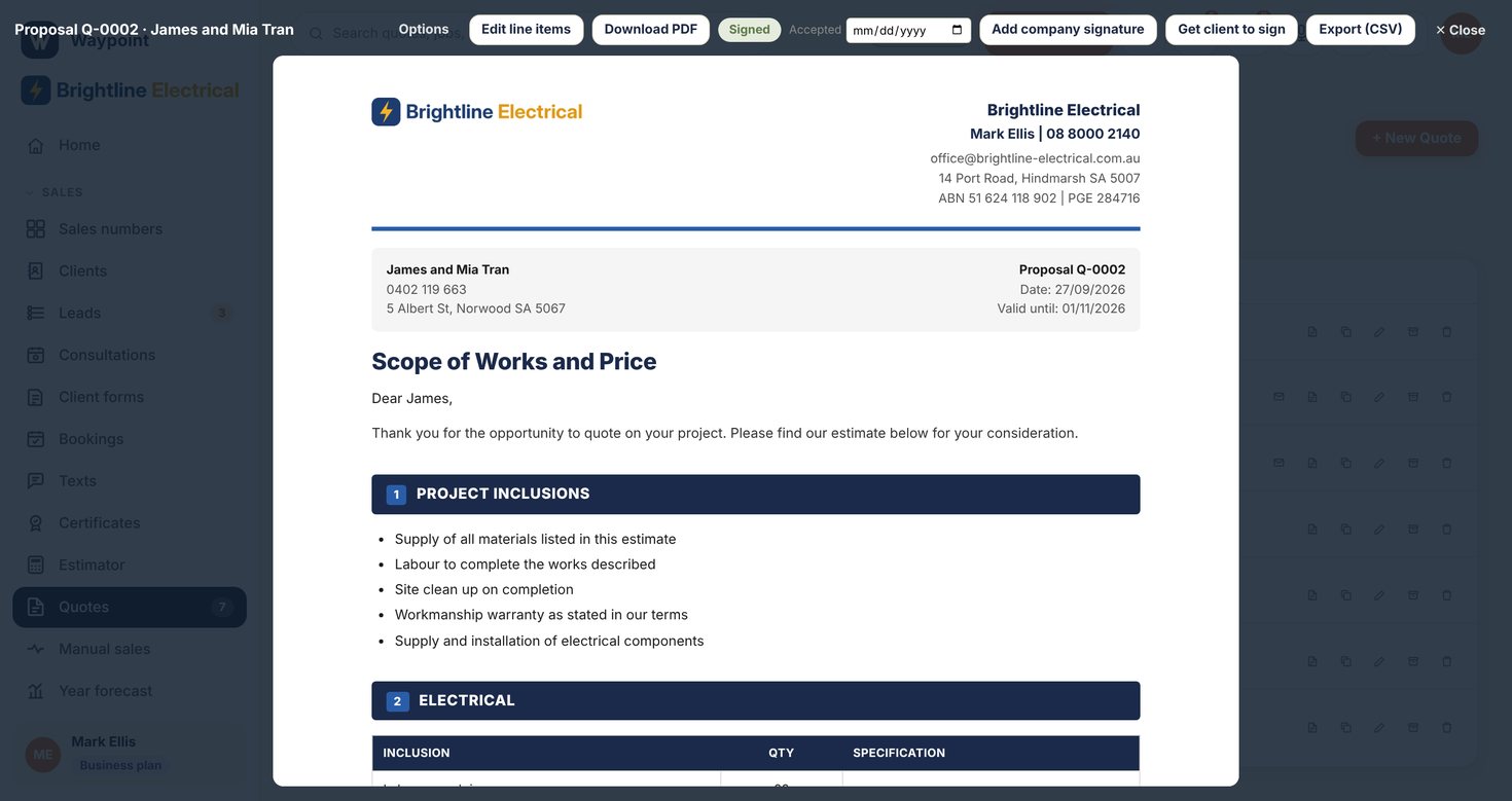 A branded Waypoint proposal ready for the client to sign online