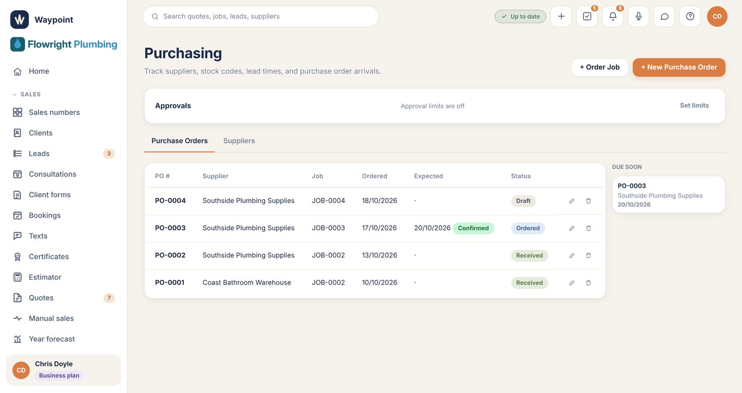 Waypoint purchase orders with approval status and supplier