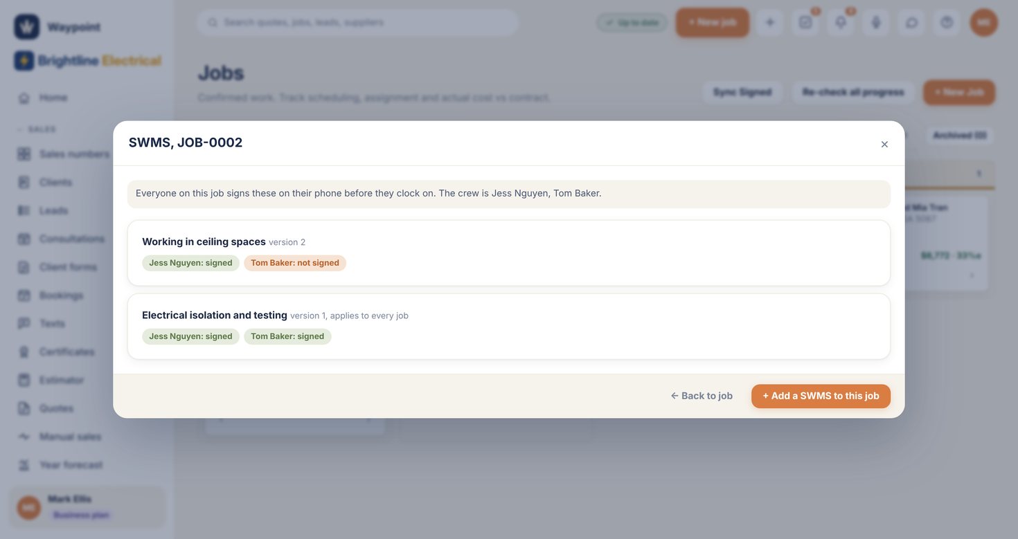 Waypoint SWMS with worker signatures for a job